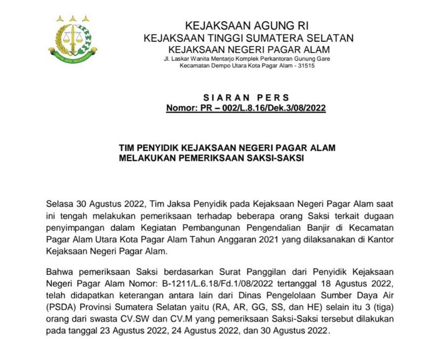 Penyimpangan Proyek! Kejari Pagaralam Periksa Pejabat Dinas PSDA Sumsel